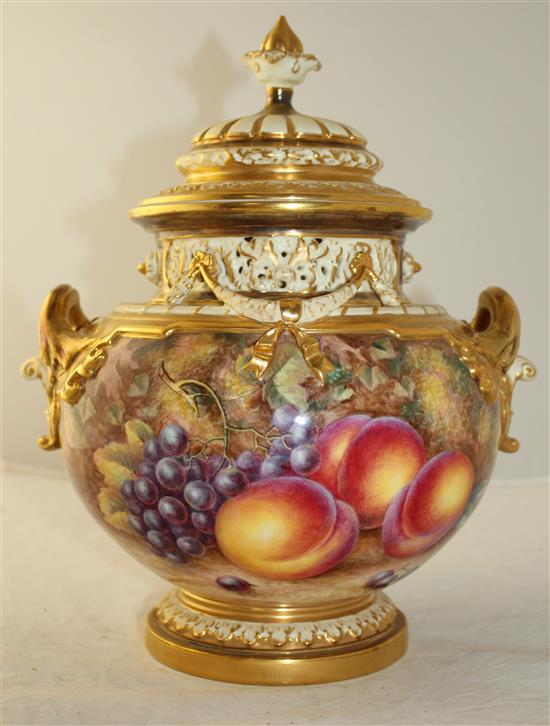 A Royal Worcester fruit painted pot pourri urn and cover, signed H.Ayrton, post-war, 30cm